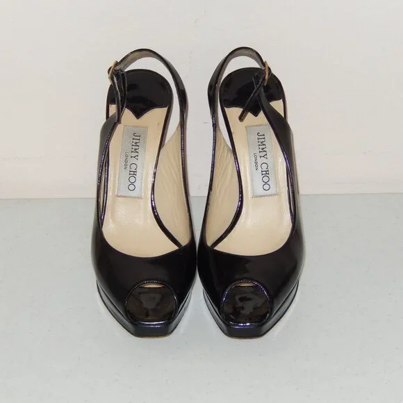 Jimmy Choo Black Patent Peeptoe Slingback Heels Shoes Pumps 36 6 - Picture 3 of 11